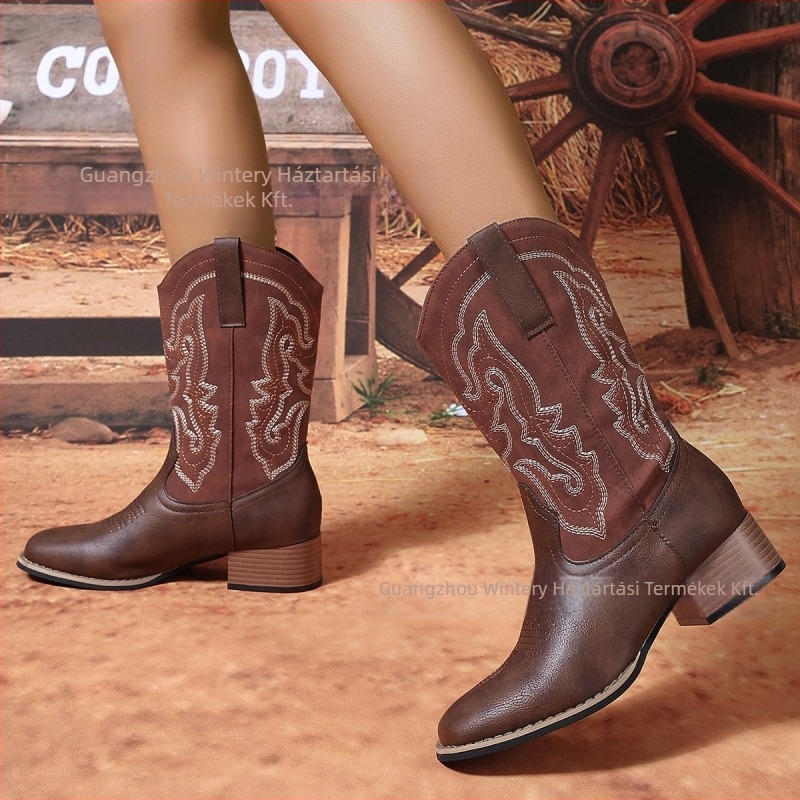Western női csizma európai és amerikai stílusú retró 2025 négy évszak külkereskedelmi új, készre gyártott középcsöves, hegyes orrú, határokon átnyúló csizma forrásgyártó