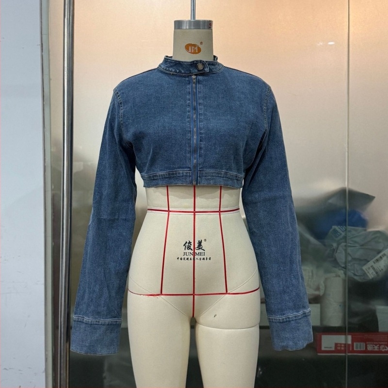 Külkereskedelmi cipzáras kardigán, Spice Girl felső, hosszú ujjú, állógalléros, rövid farmerdzseki női tavaszi és őszi SU3455