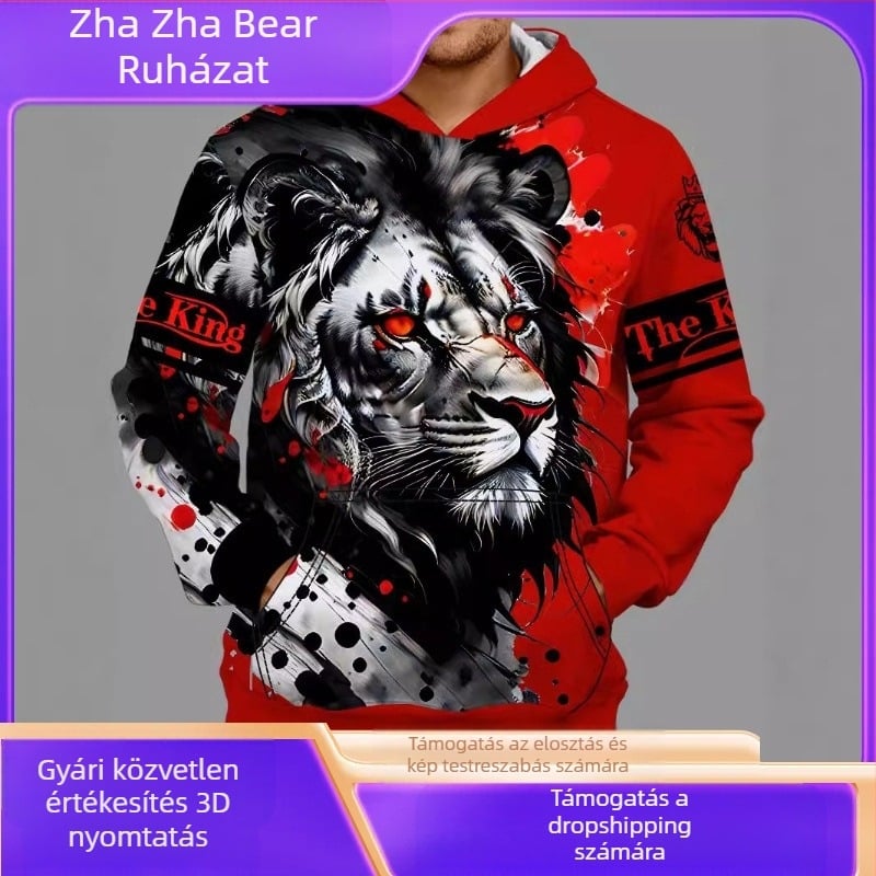Temu határokon átnyúló, forró eladású tavaszi és őszi új 3D digitális vérvörös tigrismintás férfi divatos, lezser kapucnis pulóver