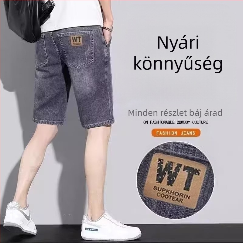 Férfi farmer rövidnadrágok, nyári vékony, laza, egyenes szabású, divatos, márkás, mindenhez illő, rugalmas, hétköznapi, nyári, középhosszú nadrágok férfiaknak