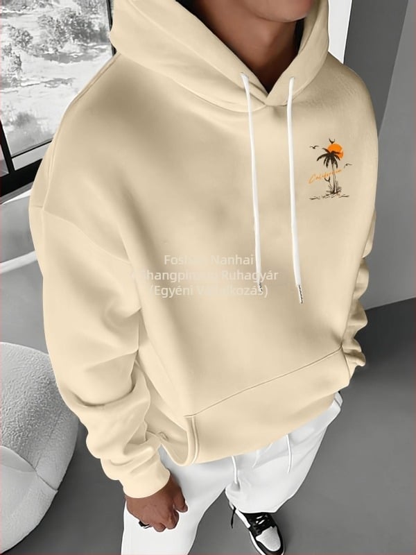 Férfi trópusi naplemente mintás, polár bélésű kapucnis pulóver - Lezser, Laza