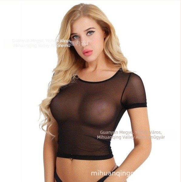 Európai és amerikai szexi átlátszó dizájn professzionális kísértés lány középhosszú ing hálós otthoni női pizsama szexi fehérnemű