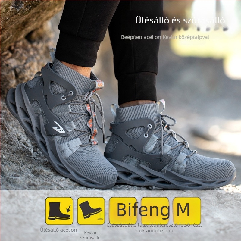 Határokon átnyúló divatos védőcipő, férfi kényelmes, lélegző, repülő szőtt biztonsági cipő, hegymászás, kopásálló acélbetétes munkavédelmi cipő