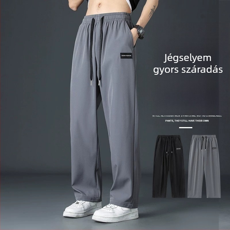 Lezser jég selyem egyenes szárú férfi nadrág, vékony, gyorsan száradó sportnadrág, laza tavaszi és őszi férfi egyenes szárú nadrág