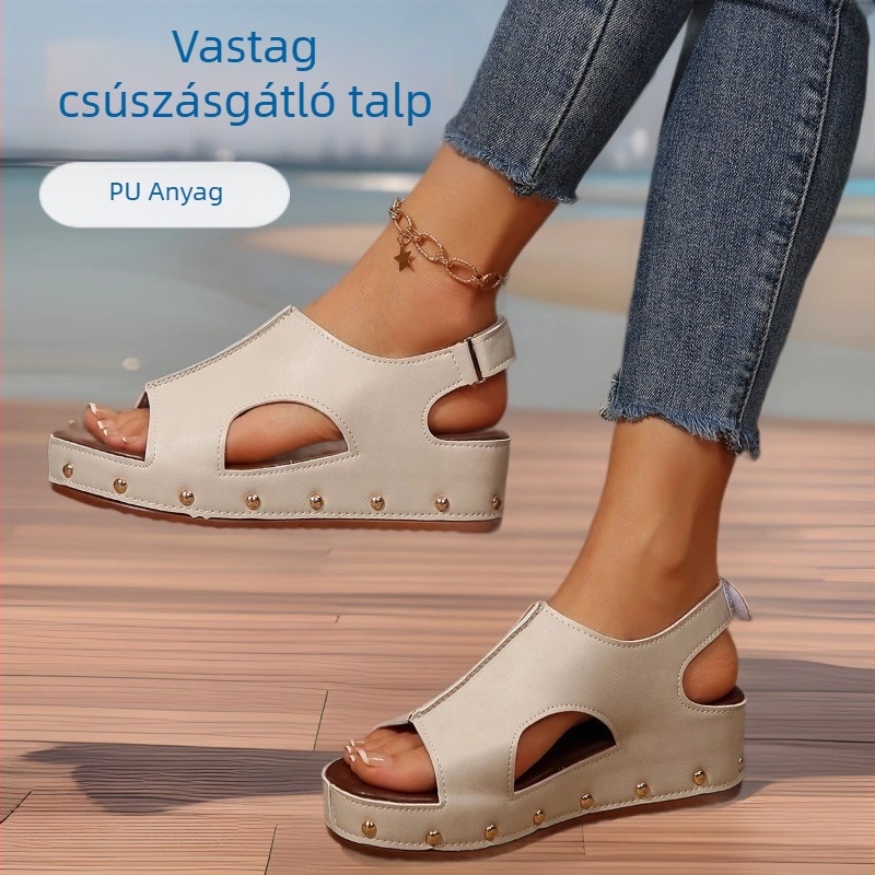 Határokon átnyúló európai és amerikai muffin vastag talpú magas sarkú női szandálok 2025 új tépőzáras plus size szegecs lapos sarkú szandálok