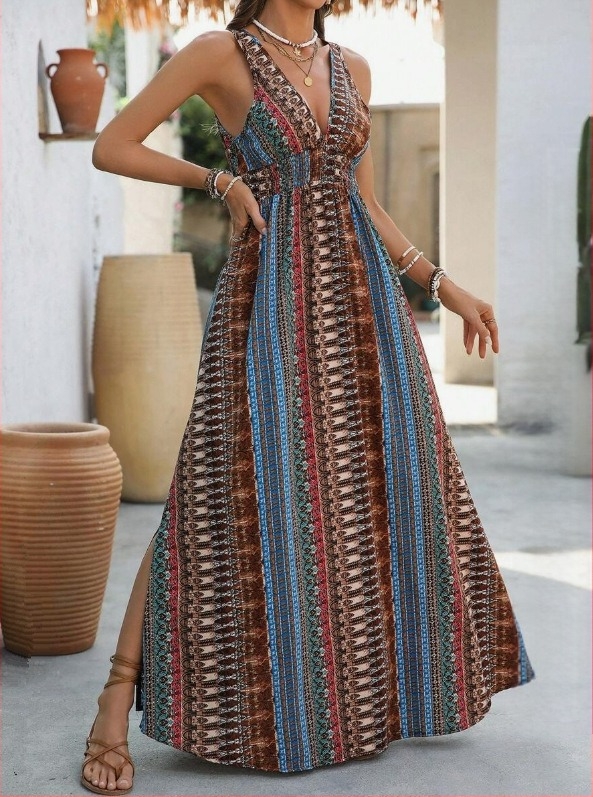 Spot Amazon Tiktoktemu európai és amerikai ruházati új nyári stílusú V-nyakú hosszú ruha határokon átnyúló