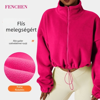 Téli, gyapjúbéléssel ellátott, vastagított sportdzseki, női olimpiai minőségű polár gallérral, laza pulóver, kültéri fitnesz hétköznapi dzseki