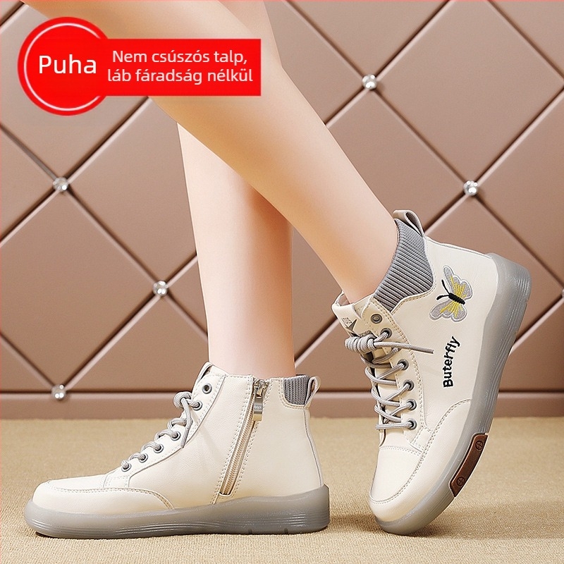 Valódi bőr Martin csizma női 2024 új őszi és téli magas szárú marhahús talpú női cipők puha talpú gyapjúbéléssel középkori anya bokacsizma