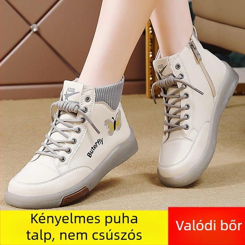 Valódi bőr Martin csizma női 2024 új őszi és téli magas szárú marhahús talpú női cipők puha talpú gyapjúbéléssel középkori anya bokacsizma