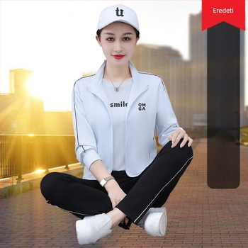 Középkorú anyuka őszi divatos kosztümje, háromrészes, új, lezser sportruházatú női tavaszi és őszi divatos, lélegző kabát