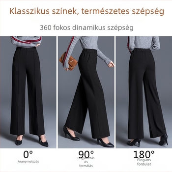 Határokon átnyúló forrásból származó fekete plus size bő szárú női őszi-téli magas derekú, laza, középkorú anyuka lezser egyenes szárú nadrág tavaszi