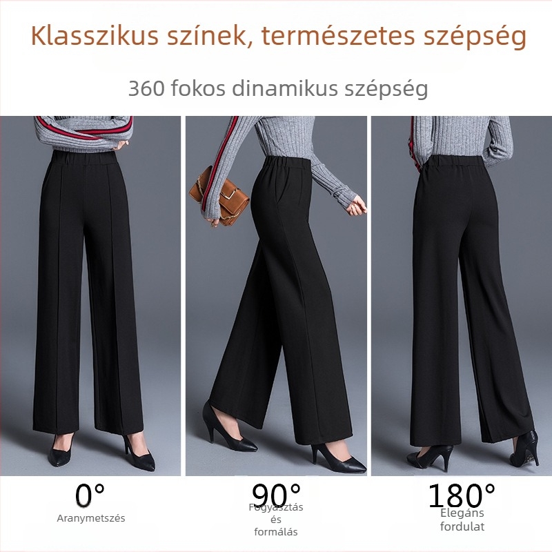 Határokon átnyúló forrásból származó fekete plus size bő szárú női őszi-téli magas derekú, laza, középkorú anyuka lezser egyenes szárú nadrág tavaszi