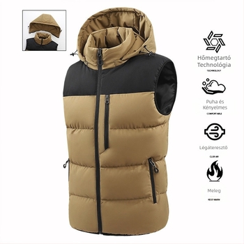 Őszi és téli új stílusú, kivehető, kapucnis férfi mellény, kontrasztos színű, divatos, ujjatlan, pamuttal bélelt kabát