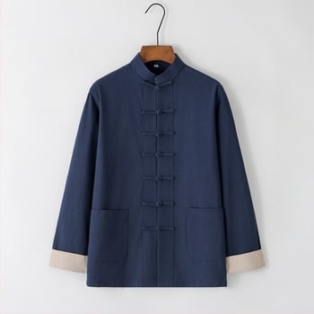 Tang férfi pamut és lenvászon kabát tavaszi és őszi alkalmi, bő felső, kínai stílusú, csatos férfi Guoxue I Jing kabát