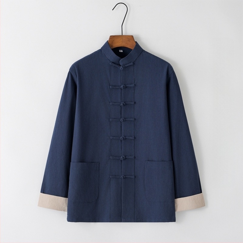 Tang férfi pamut és lenvászon kabát tavaszi és őszi alkalmi, bő felső, kínai stílusú, csatos férfi Guoxue I Jing kabát