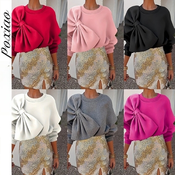 2025-ös európai és amerikai külső méretű, határokon átnyúló női ruházat, Amazon kerek nyakú pulóver, laza, alkalmi, hosszú ujjú, masnis pulóver