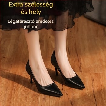 Y-2088 Valódi Bőr Báránybőr Női Cipő Szélesített és Vastag, Puha Talpú, Nem Fáradt Lábak Fekete Munkacipő Magas Sarkú Női Széles Lábak