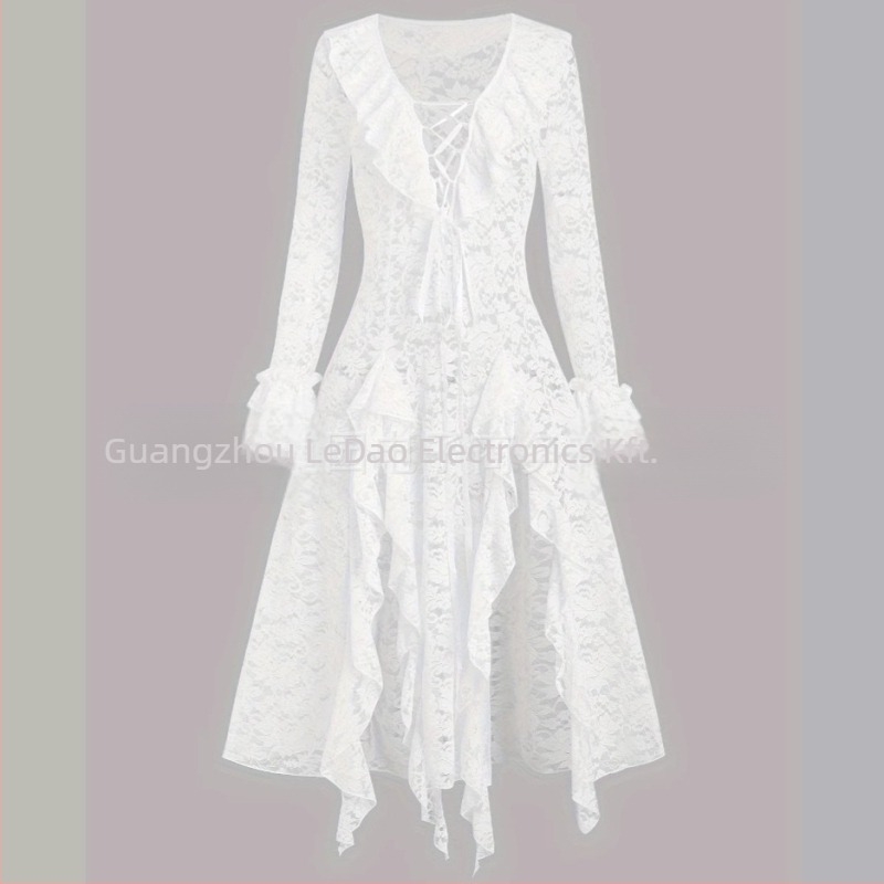 Európai és amerikai női egyszínű, fűzős, fodros, áttetsző, hosszú, A-vonalú ruha szett áttetsző fodros díszítéssel