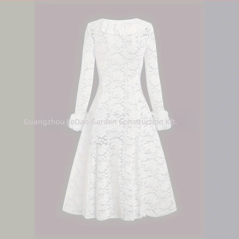 Európai és amerikai női egyszínű, fűzős, fodros, áttetsző, hosszú, A-vonalú ruha szett áttetsző fodros díszítéssel