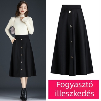 Magas derekú hosszú szoknya Női nagy méretű, egysoros őszi-téli szoknya, lógó, csípőt takaró, karcsúsító, középhosszú, A-vonalú szoknya