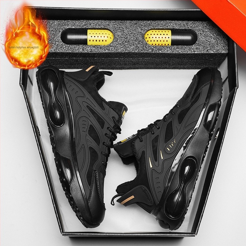Őszi és téli divatos fekete légpárnás, vastag talpú, magasságnövelő, vízálló, sport, gyapjúbéléssel, meleg pamut cipő apa alkalmi férfi cipője