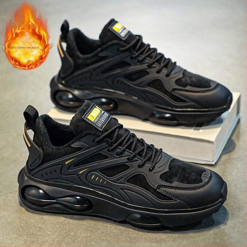 Őszi és téli divatos fekete légpárnás, vastag talpú, magasságnövelő, vízálló, sport, gyapjúbéléssel, meleg pamut cipő apa alkalmi férfi cipője