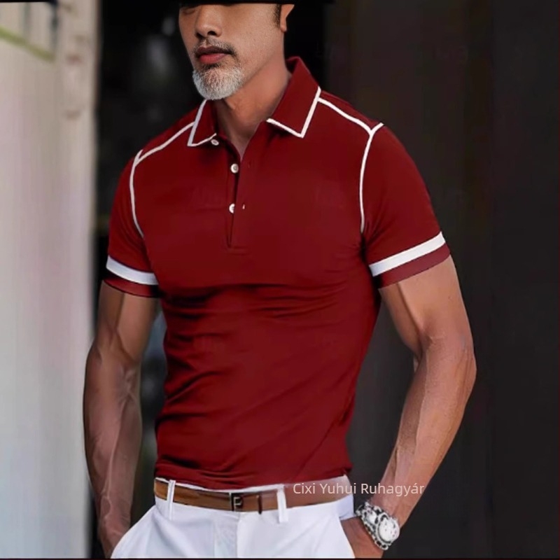 Férfi póló, színes blokkos, rövid ujjú, nyári, hétköznapi, 2024-es, új