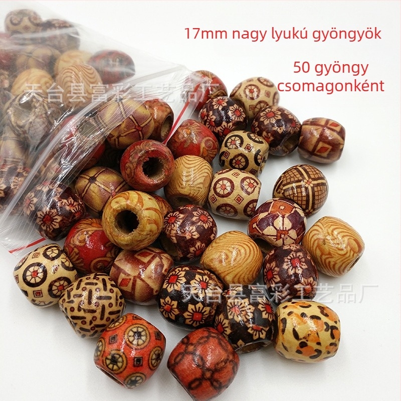 DIY ékszer anyagok nagykereskedelem 12 mm-es nyomtatott nagy lyukú fa gyöngyök piszkos fonat hajvevő fa gyöngyök nagy fonat hajvevő 100