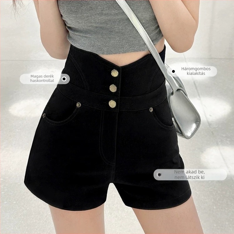 Magas derekú rövidnadrág kosztüm-stílusban, plusz méretek, fekete, A-vonal, streetwear