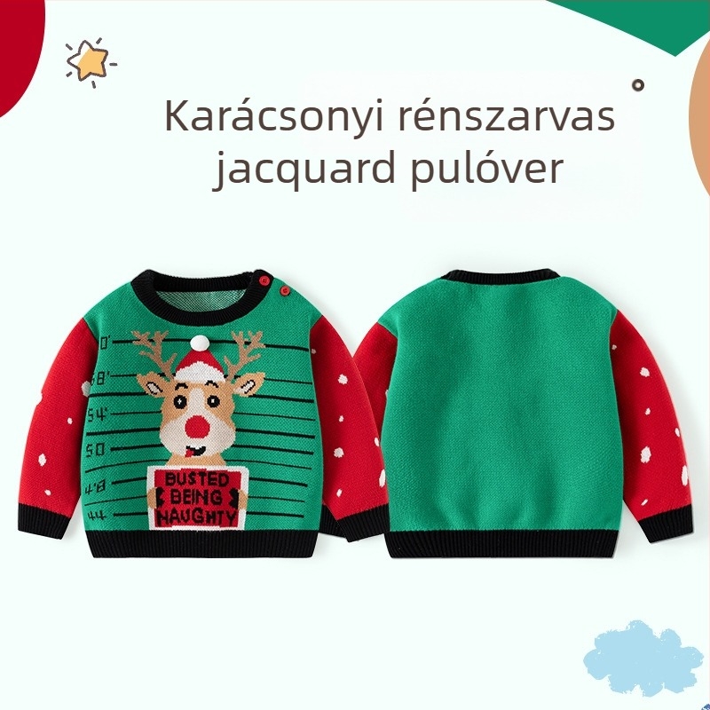 Karácsonyi Elk Jacquard kötött A osztályú gyermekpulóver Őszi-téli pulóver Babapulóver Pamut gyermek karácsonyi pulóver