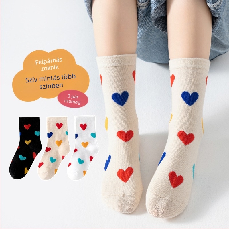 Tavaszi új gyermekzokni szív alakú, színblokkoló, diák lábszárközépig érő zokni 3 pár egyetemi stílusú fiúknak és lányoknak, pamut bébizokni tavaszra és ősszel