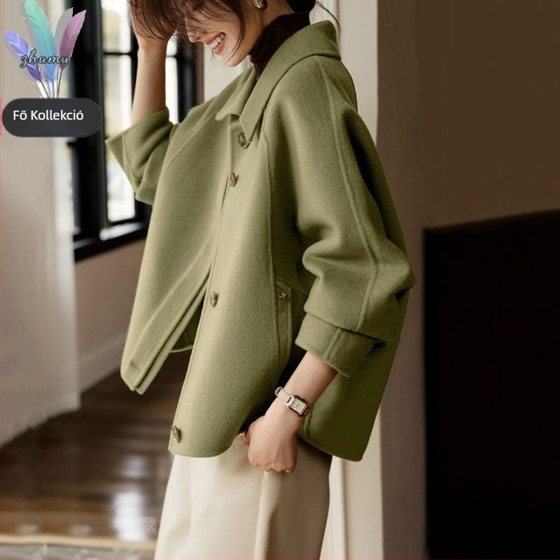 2024 őszi és téli új, divatos koreai stílusú, karcsúsított, mindenhez illő, elegáns hajtókás, egyszínű, egysoros gyapjúkabát nőknek