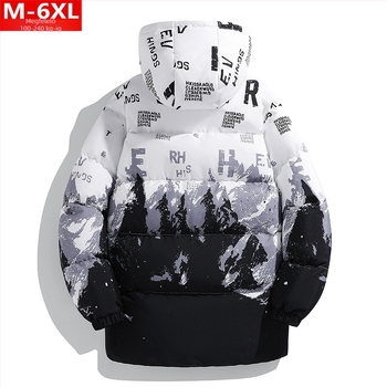 Téli divatos férfi divatos nyomtatott kapucnis, középhosszú, pamuttal bélelt kabát, pufók, nagy méretű, plusz vastag, laza, meleg, pamuttal bélelt kabát