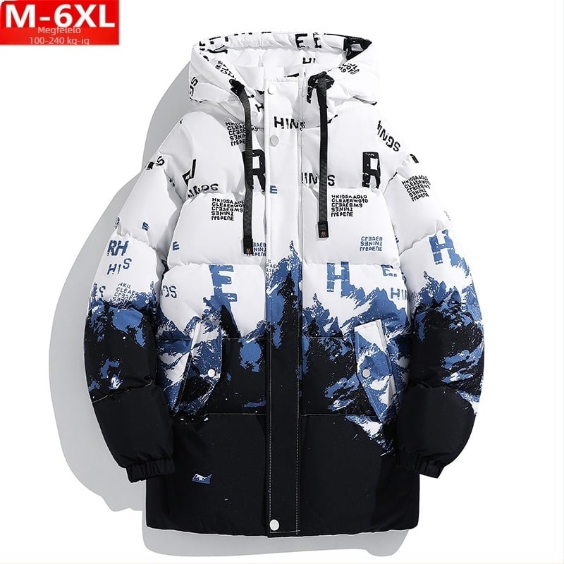Téli divatos férfi divatos nyomtatott kapucnis, középhosszú, pamuttal bélelt kabát, pufók, nagy méretű, plusz vastag, laza, meleg, pamuttal bélelt kabát