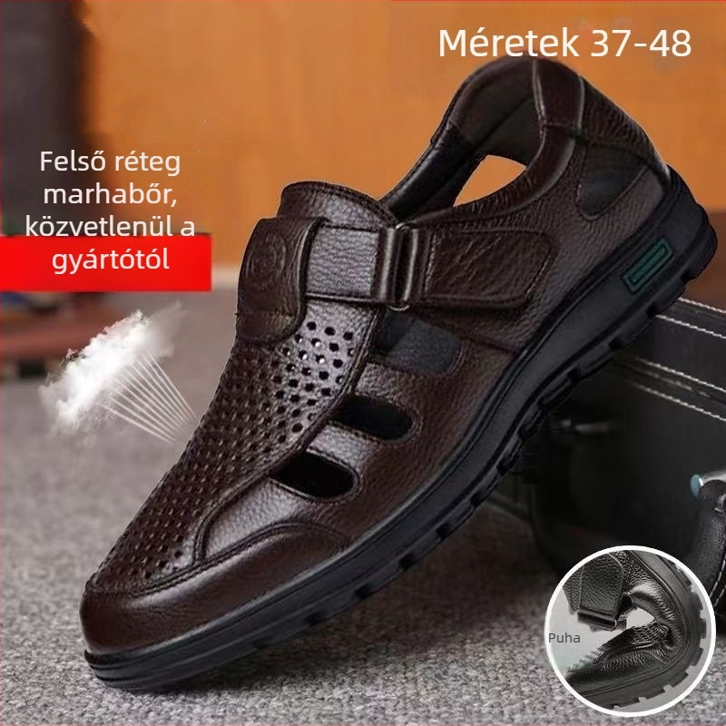 Férfi szandálok 2024 Nyári üreges, lélegző, valódi bőr Crocs extra nagy méretű középkorú és idős apáknak való szandál 4748