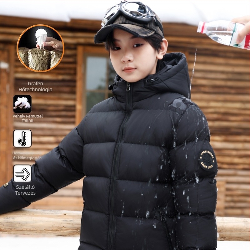 Gyermek pehelykabát, fekete-arany, rövid kabát, nagy méretű, vastagított, meleg, pamuttal bélelt kabát, vízálló fiú téli öltöny