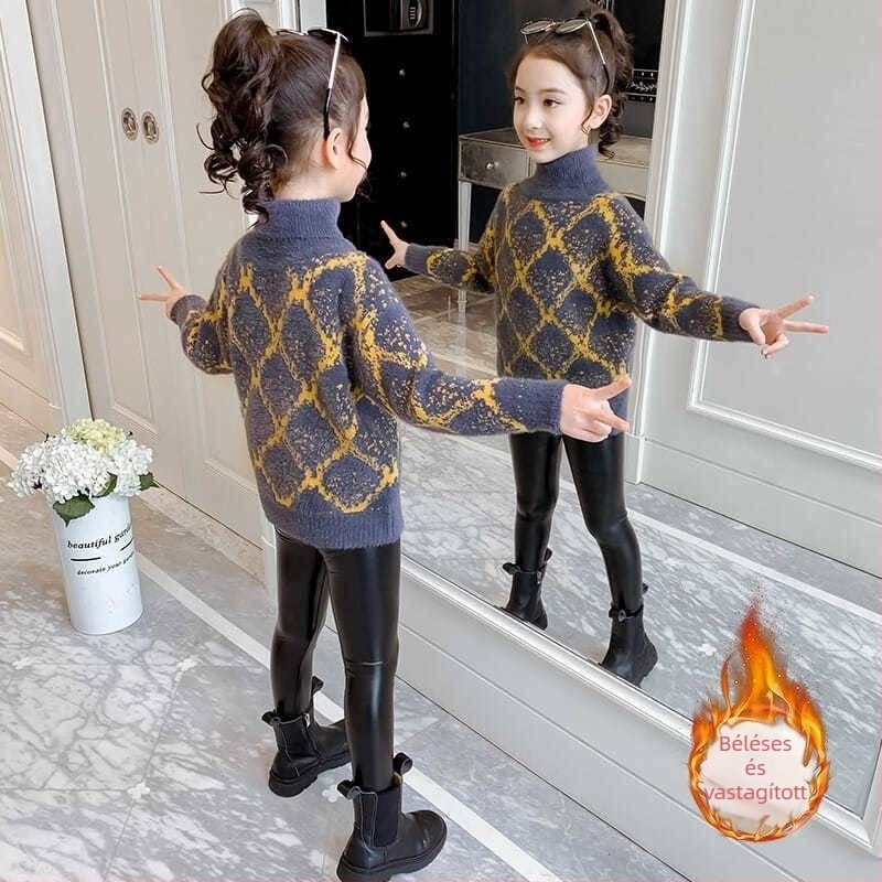 Lányka western stílusú pulóver őszi-téli 2024 Új lányka hátulsó pulóver Gyermek magas gallérú, polár bélésű kötött pulóver