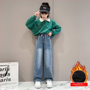 Lányka farmernadrág 2024 Téli egyrészes bársony széles szárú farmernadrág Nagy méretű, vastagított, egyenes szárú, gyapjúbélésű gyermekfarmer