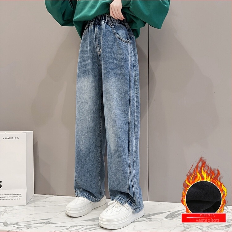 Lányka farmernadrág 2024 Téli egyrészes bársony széles szárú farmernadrág Nagy méretű, vastagított, egyenes szárú, gyapjúbélésű gyermekfarmer