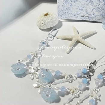 [Kék Kagyló] Kézzel készített, gyöngyös, kék tengeri legenda, szélkakas kulcstartó, fényképezőgép lánc medál