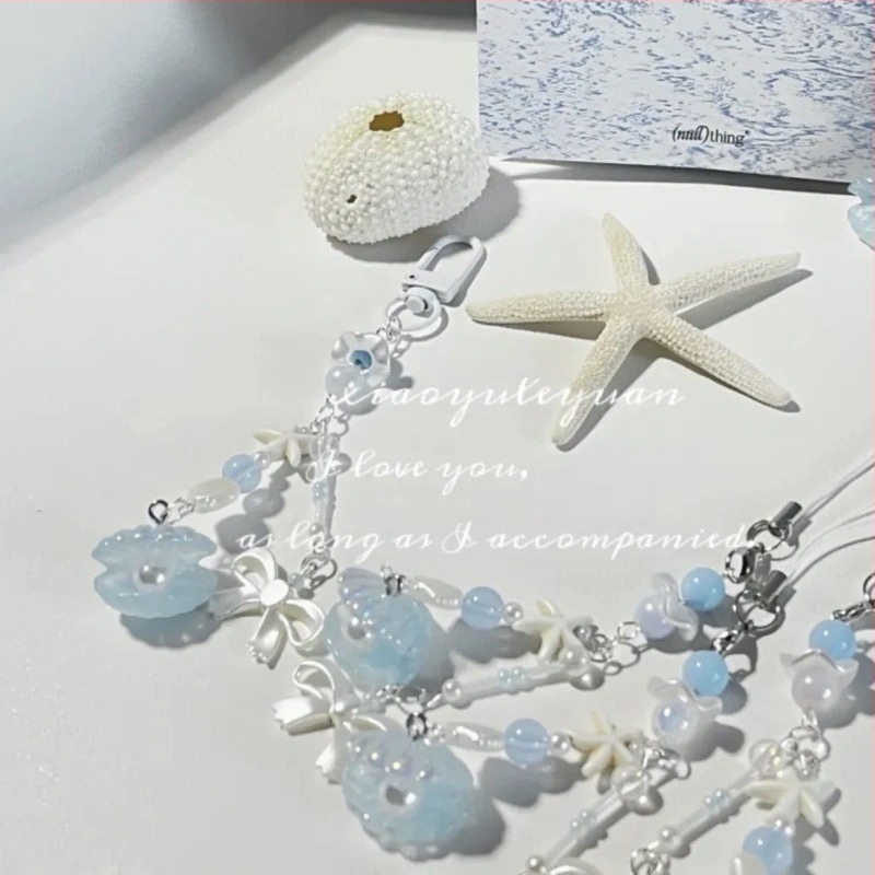 [Kék Kagyló] Kézzel készített, gyöngyös, kék tengeri legenda, szélkakas kulcstartó, fényképezőgép lánc medál