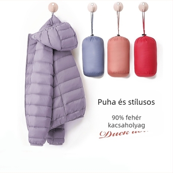 Könnyű, rövid pehelykabát női 2024 új, függőleges gallérral, kapucnis, plus 90-es méret, fehér kacsapehely divatos téli kabát