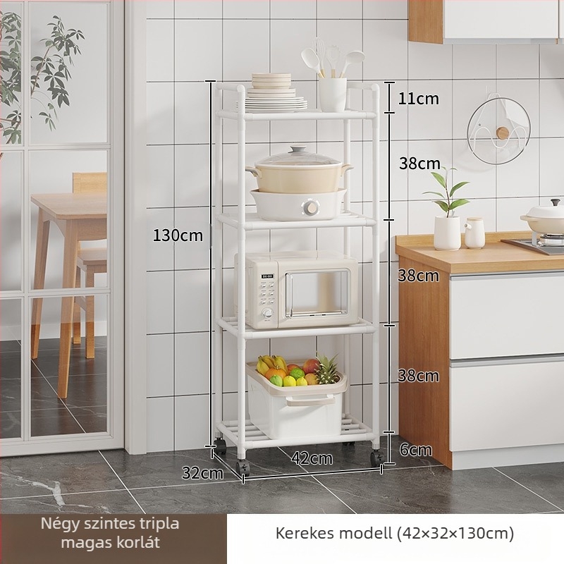 Konyhai tárolóállvány, edénytartó, padlón álló, többrétegű tárolóállvány, konyhai speciális edénytartó, mozgatható zöldségtartó