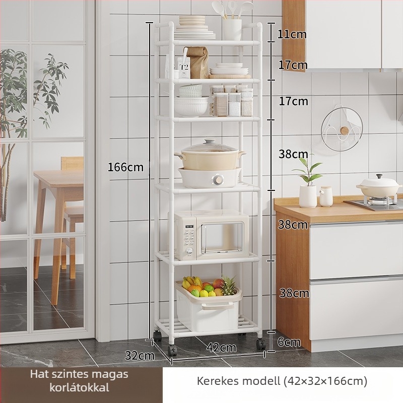 Konyhai tárolóállvány, edénytartó, padlón álló, többrétegű tárolóállvány, konyhai speciális edénytartó, mozgatható zöldségtartó