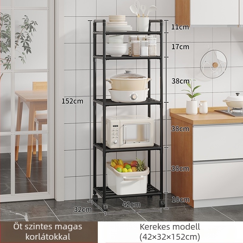 Konyhai tárolóállvány, edénytartó, padlón álló, többrétegű tárolóállvány, konyhai speciális edénytartó, mozgatható zöldségtartó