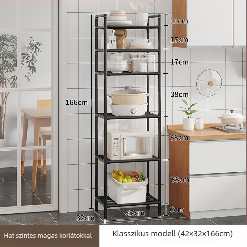 Konyhai tárolóállvány, edénytartó, padlón álló, többrétegű tárolóállvány, konyhai speciális edénytartó, mozgatható zöldségtartó