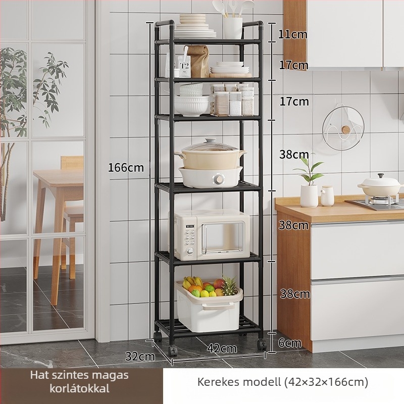 Konyhai tárolóállvány, edénytartó, padlón álló, többrétegű tárolóállvány, konyhai speciális edénytartó, mozgatható zöldségtartó