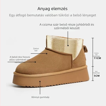 Női gyapjú hótaposó télire, polár béléssel, valódi bőrrel, vastag talppal, rövid, csúszásgátló, magasságnövelő, meleg pamut csizma és cipő