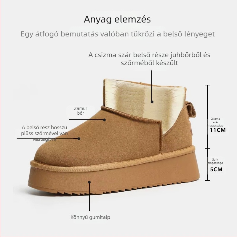 Női gyapjú hótaposó télire, polár béléssel, valódi bőrrel, vastag talppal, rövid, csúszásgátló, magasságnövelő, meleg pamut csizma és cipő