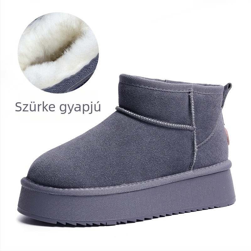 Női gyapjú hótaposó télire, polár béléssel, valódi bőrrel, vastag talppal, rövid, csúszásgátló, magasságnövelő, meleg pamut csizma és cipő